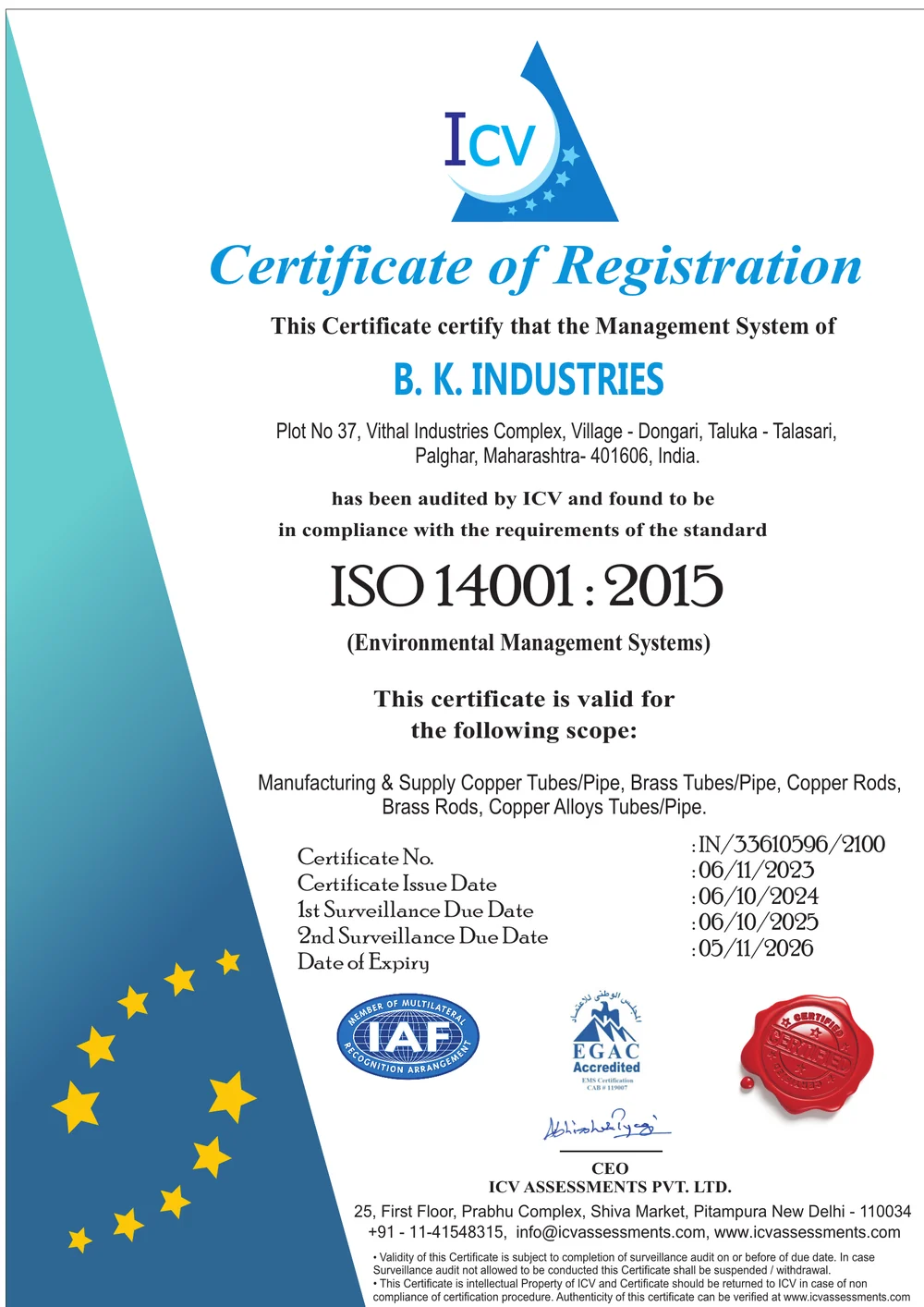 ISO 14001:2015 certificate of registration — BK Industries (Environmental Management System)