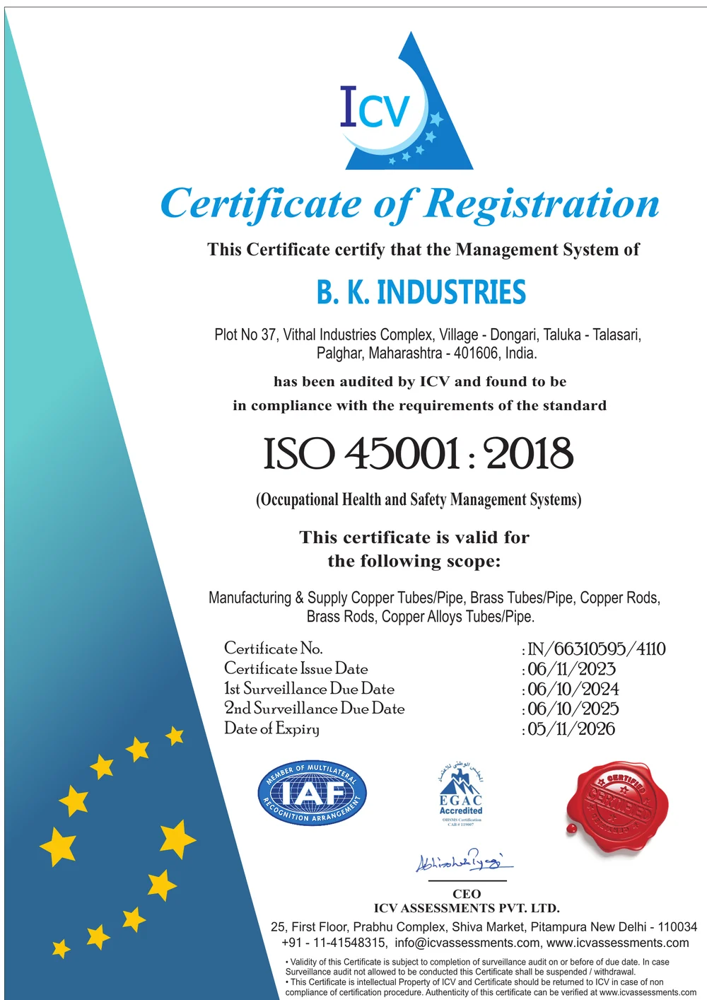 ISO 45001:2018 certificate of registration — BK Industries (Occupational Health & Safety Management System)